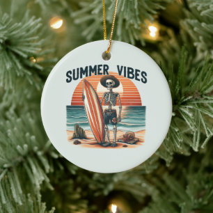 Summer Vibes Skeleton Surfer Sunset Beach Design Keramik Ornament