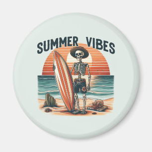 Summer Vibes Skeleton Surfer Sunset Beach Design Magnet