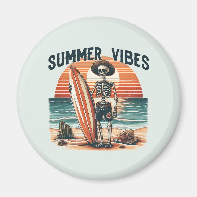 Summer Vibes Skeleton Surfer Sunset Beach Design Magnet (Vorne)