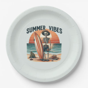 Summer Vibes Skeleton Surfer Sunset Beach Design Pappteller