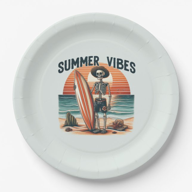 Summer Vibes Skeleton Surfer Sunset Beach Design Pappteller (Vorderseite)