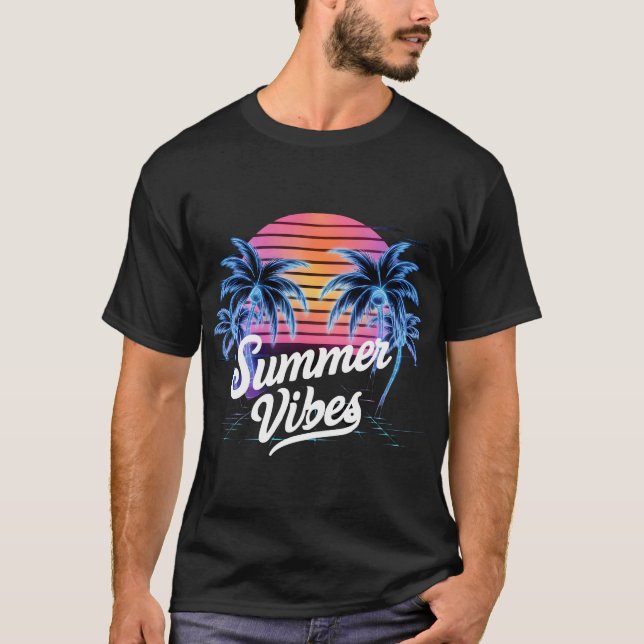 Summer Vibes Synthwave T - Shirt - Neon Palm Tree (Vorderseite)