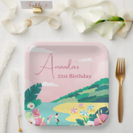 Summer Vibes Tropical Pink 21st Birthday Pappteller