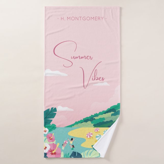 Summer Vibes Tropical Pink Custom Name Beach Badehandtuch (Badehandtuch)