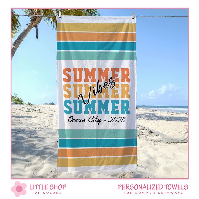 Summer Vibes Tropical Stripes Customizable Strandtuch (Von Creator hochgeladen)