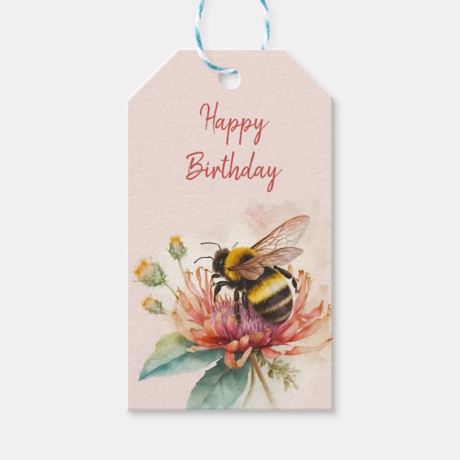 Summer Vibes Watercolor Bumblebee Happy Birthday Geschenkanhänger (Vorderseite)