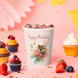 Summer Vibes Watercolor Bumblebee Happy Birthday Pappbecher