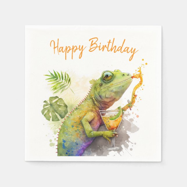 Summer Vibes Watercolor Chameleon - Happy Birthday Serviette (Vorderseite)