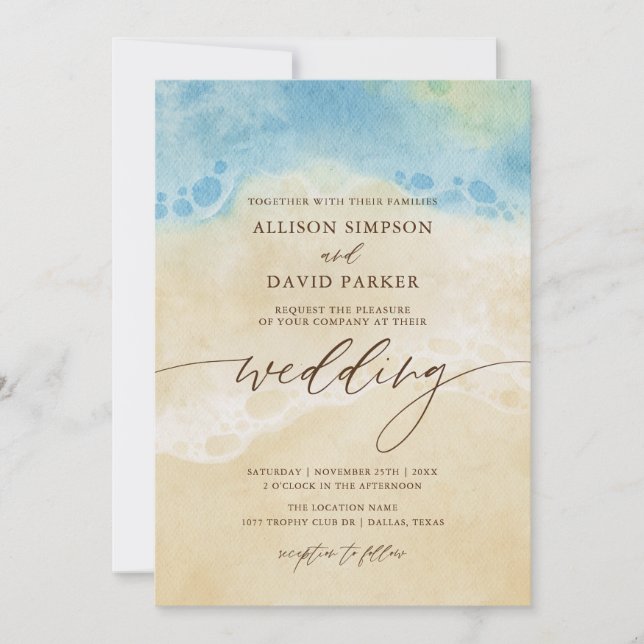 Summer Watercolor Beach Blue Wedding Einladungen (Vorderseite)