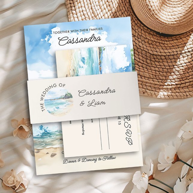Summer Watercolor Beach Hochzeit Einladungsbanderole (Wedding Invitation Belly Bands from the Summer Beach Wedding Collection by Darling & May)