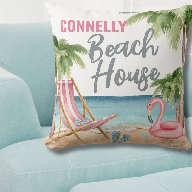Summer Watercolor Beach House Kissen (Personalized Watercolor Beach House Throw Pillow )