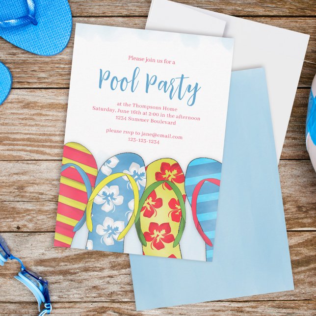 Summer Watercolor Blue Water Pool Party Einladung (Summer pool party flip flops invitations.)