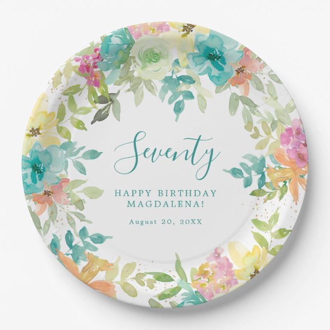 Summer Watercolor Floral Custom 70. Geburtstag Pappteller (Vorderseite)