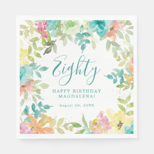Summer Watercolor Floral Custom 80. Geburtstag Serviette