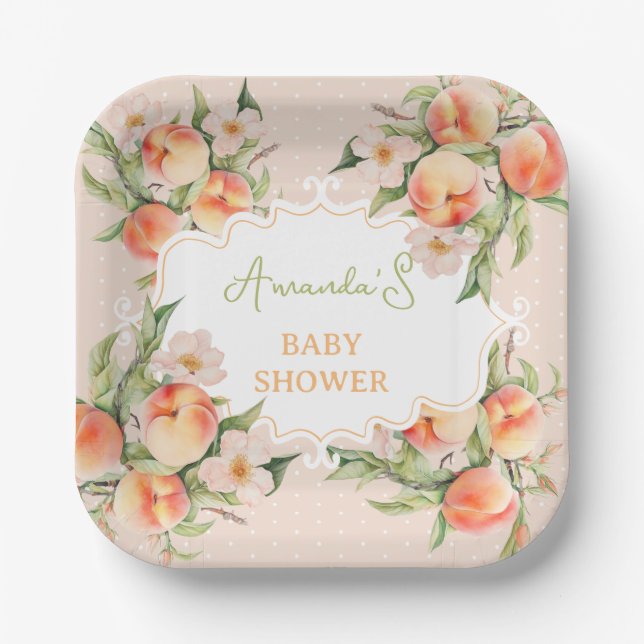 Summer Watercolor Floral Peach Baby Dusche Pappteller (Vorderseite)