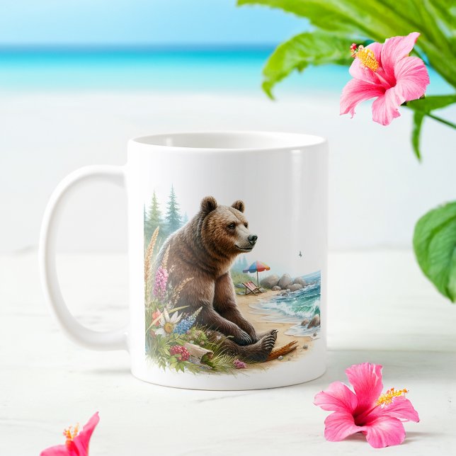 Summer Watercolor Grizzly Bär am Strand Kaffeetasse (Von Creator hochgeladen)