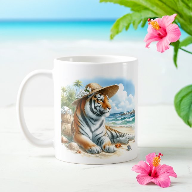 Summer Watercolor tiger am Strand Kaffeetasse (Von Creator hochgeladen)