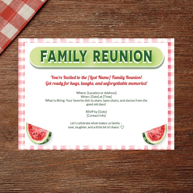 Summer Watermelon Family Reunion Einladung (Watercolor family reunion invite with red plaid, watermelon, and modern typography)