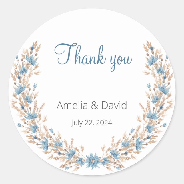 Summer Wedding Blue Wildblume Grass Wreath Runder Aufkleber (Vorderseite)