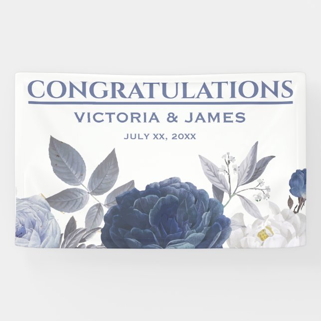 Summer Wedding Bright Blue Floral Empfang Banner (Horizontal)