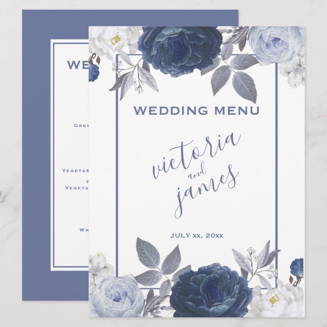 Summer Wedding Bright Blue Floral Empfang Menükarte (Vorne/Hinten)