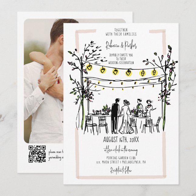 Summer Wedding handgezeichnetes Foto und Qr Code Einladung (Vorne/Hinten)