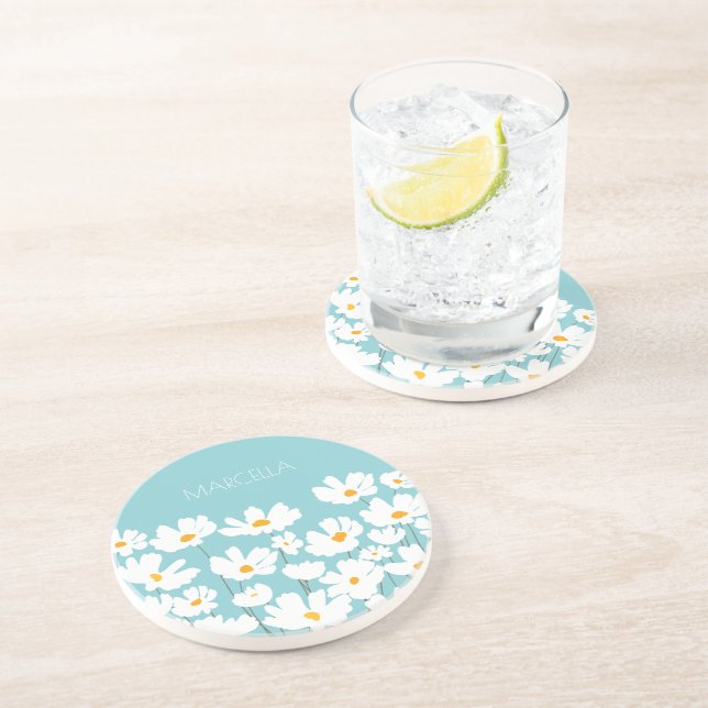 Summer White Cosmos Blume Individuelle Name Getränkeuntersetzer (Seite)