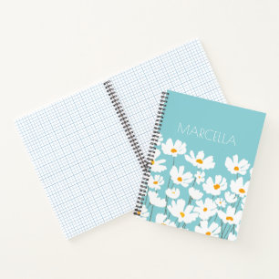 Summer White Cosmos Blume Individuelle Name Notizbuch