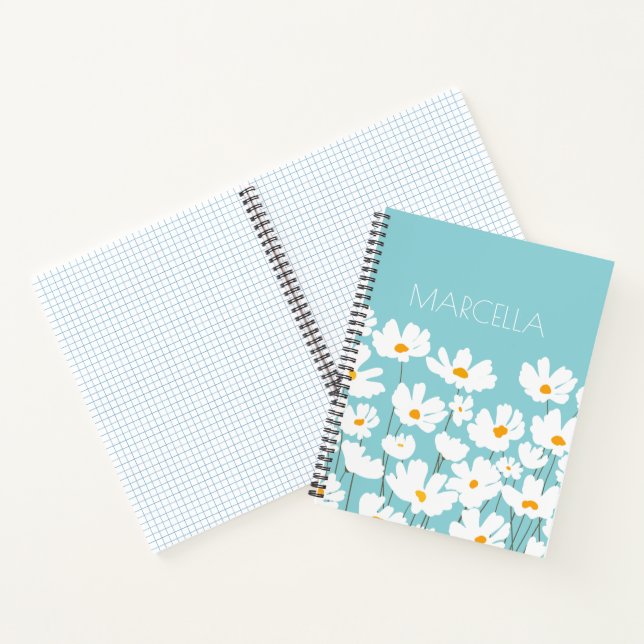 Summer White Cosmos Blume Individuelle Name Notizbuch (Innenseite)