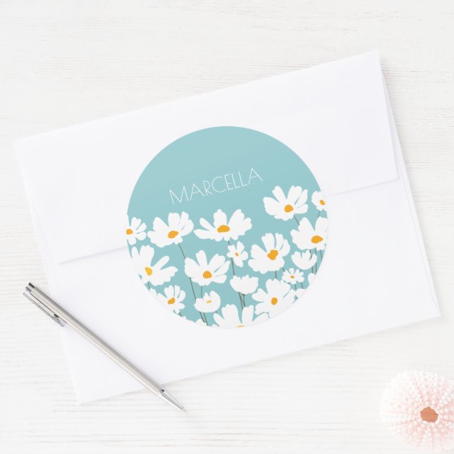 Summer White Cosmos Blume Individuelle Name Runder Aufkleber (Umschlag)