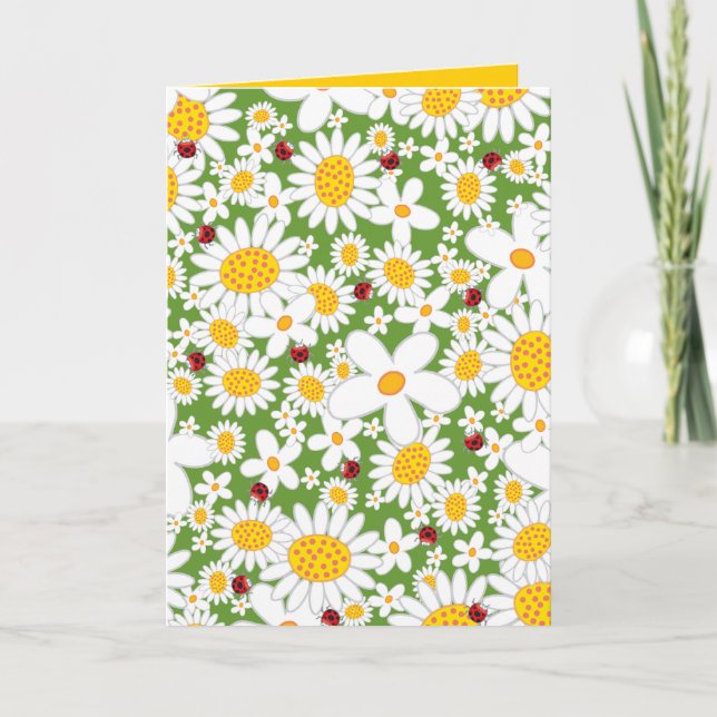 Summer White Daisies und Red Ladybugs Whimsical Karte (Vorderseite)