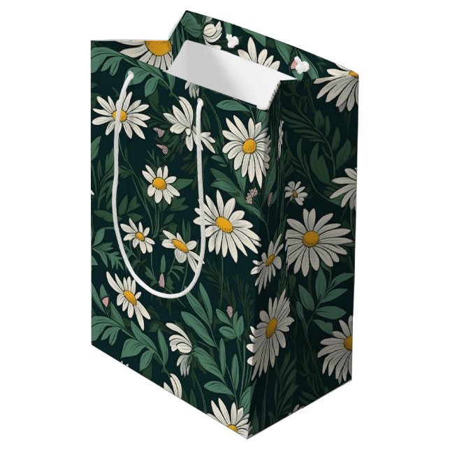 Summer White Daisy Meadow Mittlere Geschenktüte (Rückseite Schrägansicht)