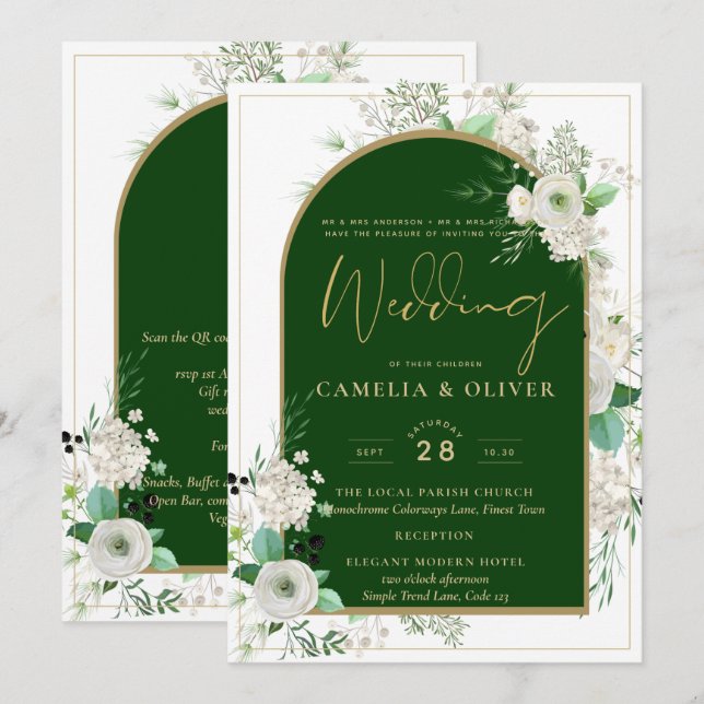 Summer White Roses Emerald Green Arch Wedding Einladung (Vorne/Hinten)