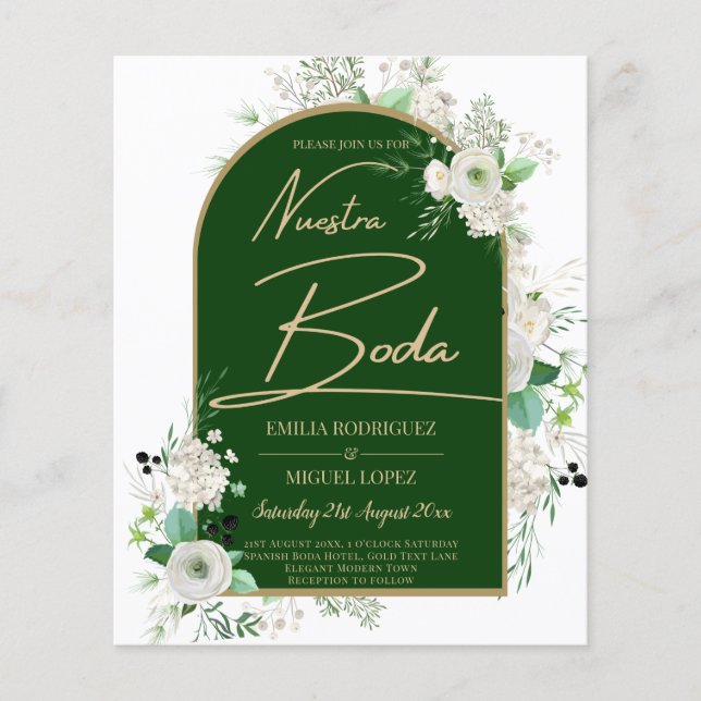 Summer White Roses Emerald Green Arch Wedding Flyer (Vorne)