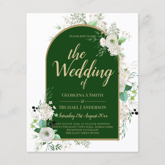 Summer White Roses Emerald Green Arch Wedding Flyer (Vorne)