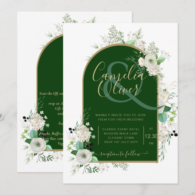 Summer White Roses Emerald Green Arch Wedding Inv Einladung (Vorne/Hinten)