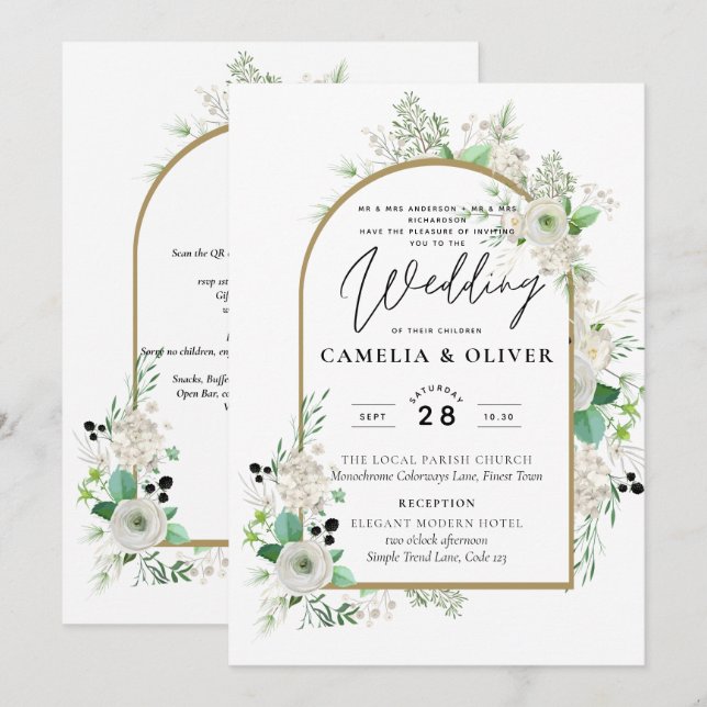 Summer White Roses Emerald Sage Greenerity WEDDING Einladung (Vorne/Hinten)