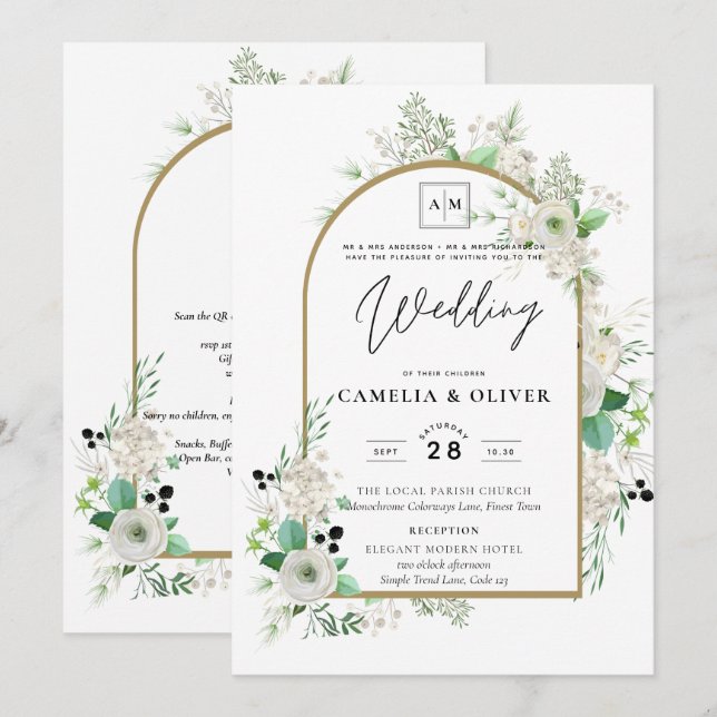 Summer White Roses Emerald Sage Greenerity WEDDING Einladung (Vorne/Hinten)