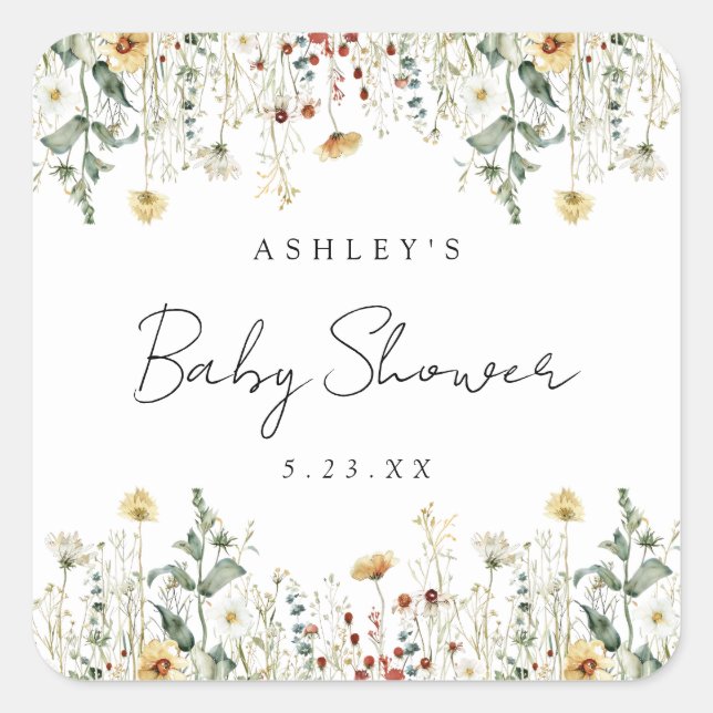 Summer Wildblume Field Baby Dusche Quadratischer Aufkleber (Vorderseite)