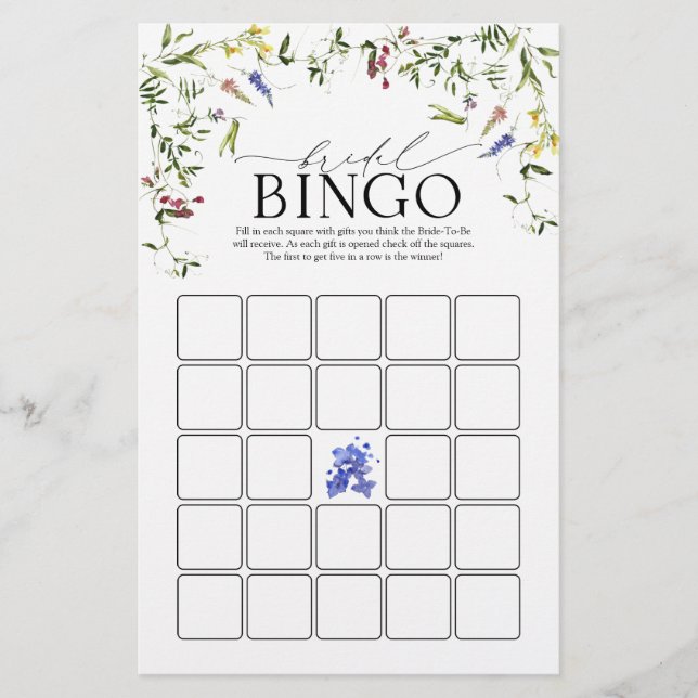 Summer Wildblume Watercolor Bridal Bingo Game (Vorderseite)
