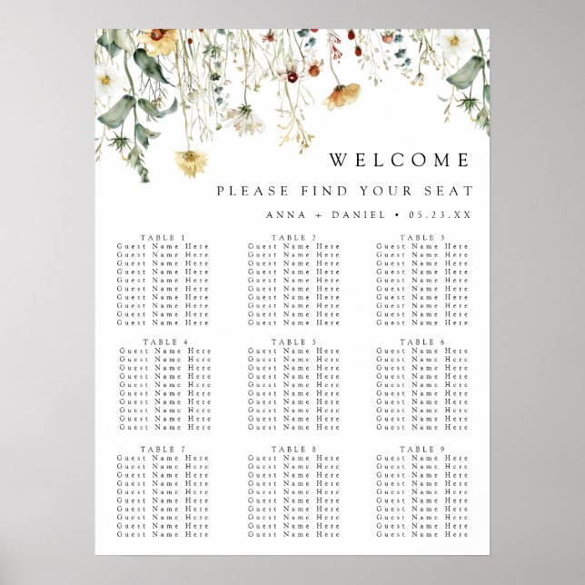 Summer Wildflower Field Wedding Seating Chart Poster (Vorne)