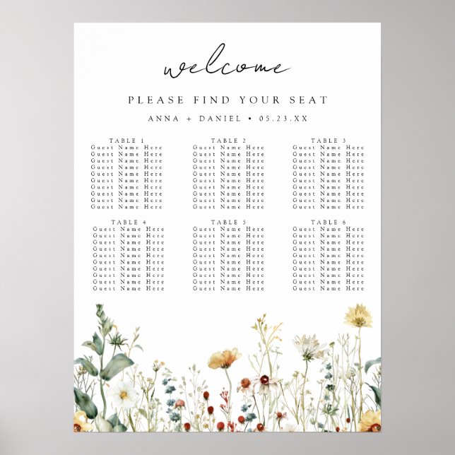 Summer Wildflower Field Wedding Seating Chart Poster (Vorne)