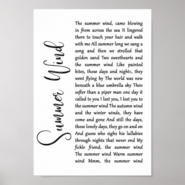 Summer Wind White Script Song Lyrik Mauer Print Poster (Vorne)