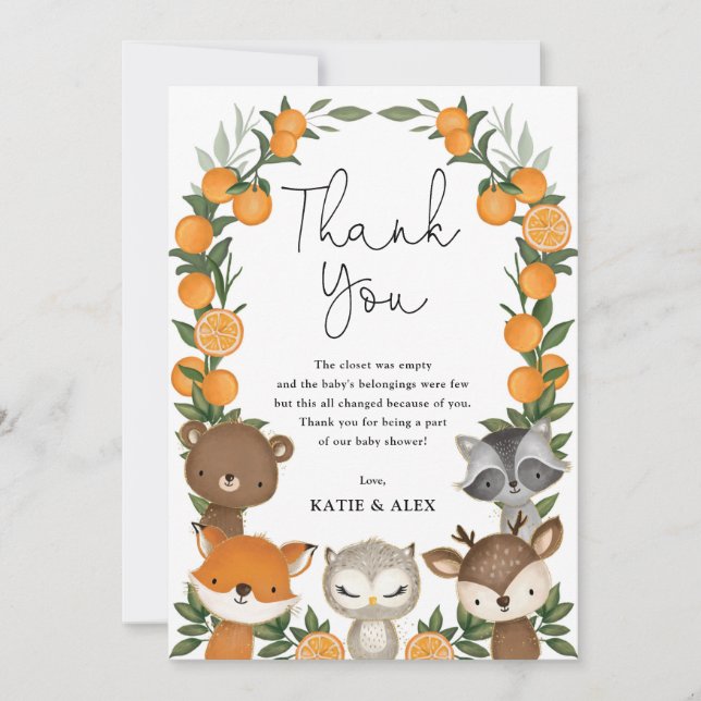 Summer Woodland Animals Orange Citrus Baby Dusche Dankeskarte (Vorderseite)