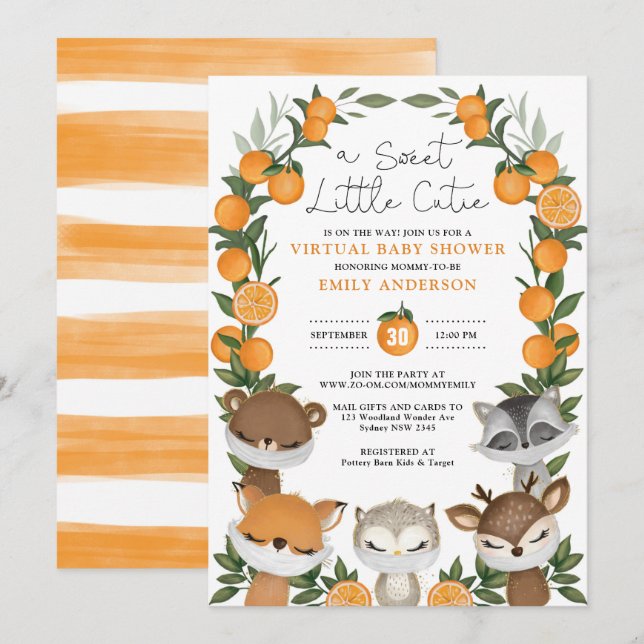 Summer Woodland Orange Citrus Virtual Baby Dusche Einladung (Vorne/Hinten)