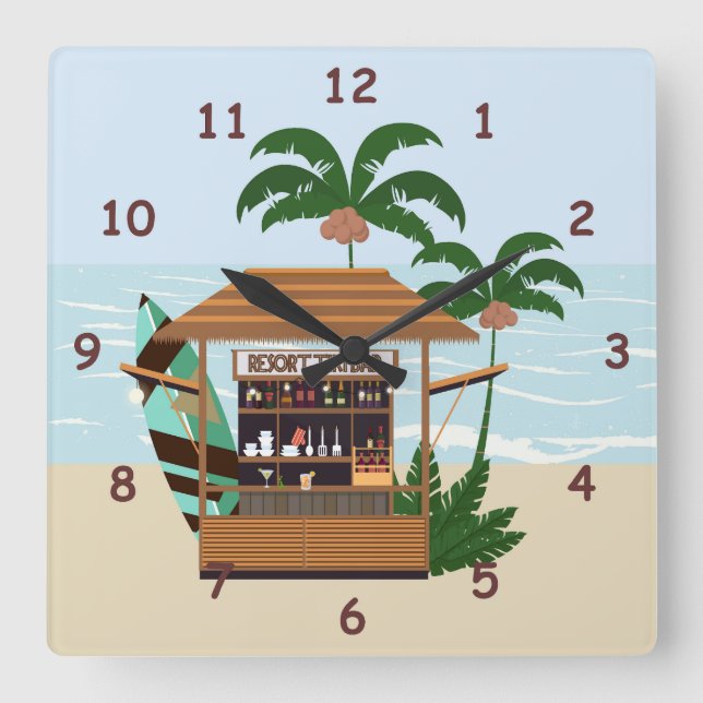 Summertime Resort Tiki Bar am Strand Quadratische Wanduhr (Vorderseite)