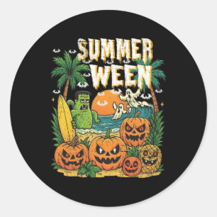 Summerween Beach Pumpkins Ghosts Surf Halloween Vi Runder Aufkleber