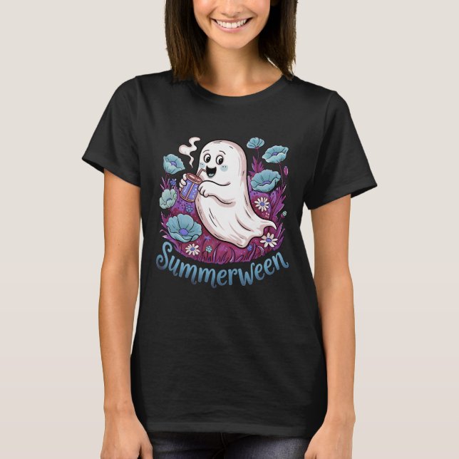 Summerween Blue Floral Ghost Cute Pastel Spooky T-Shirt (Vorderseite)