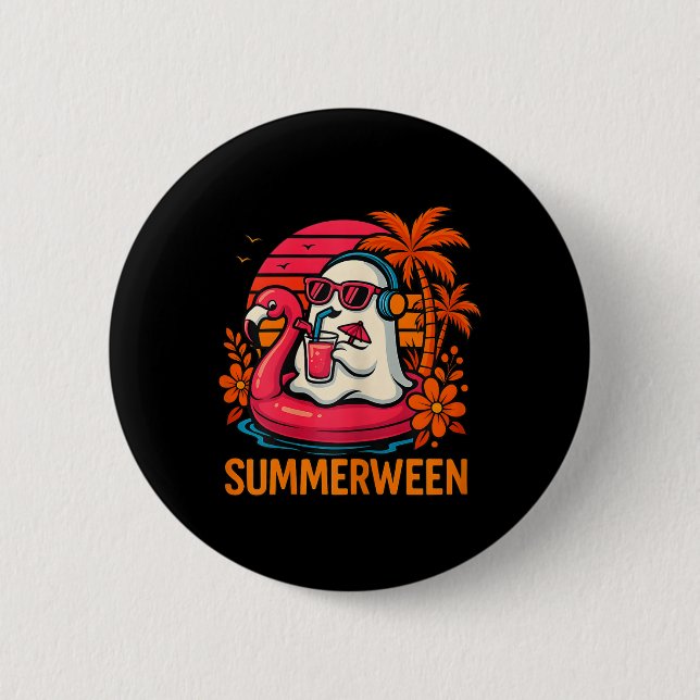 Summerween Funny Ghost Halloween Summer Flamingo B Button (Vorderseite)