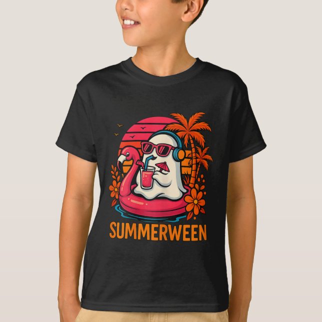 Summerween Funny Ghost Halloween Summer Flamingo B T-Shirt (Vorderseite)